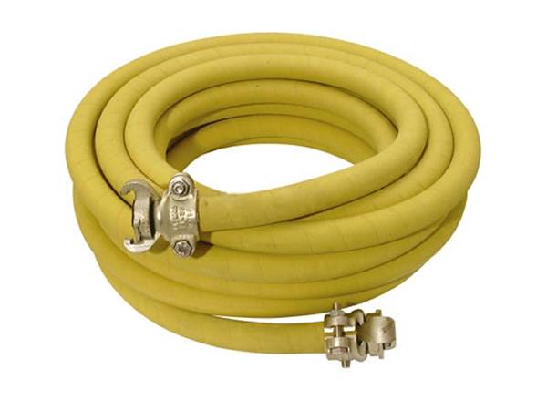 Yellow high pressure steel wire reinforced air hose with interlock crimp.